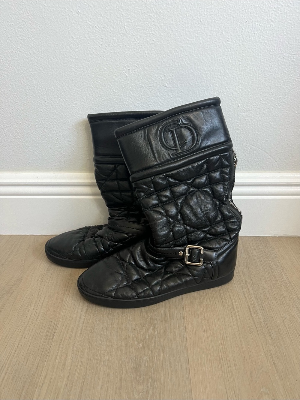 Dior Black Quilted Leather Mid-Calf Boots with Buckle